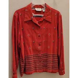 Lemon Grass women's large long sleeve Red shirt. Black & White Geometric Pattern